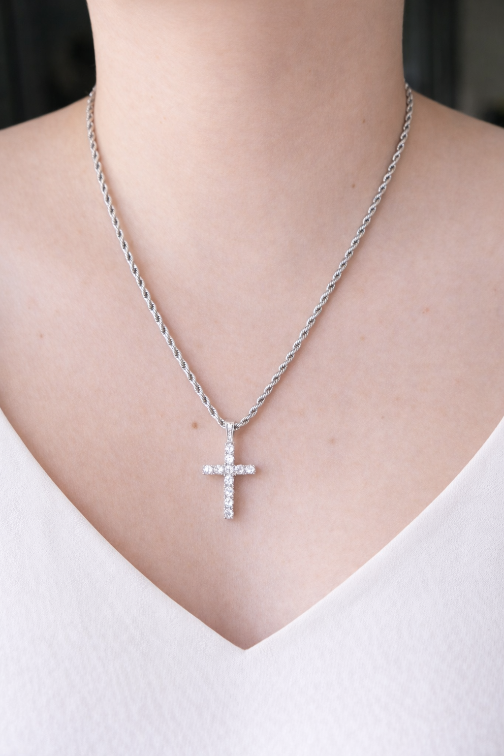 Angela Silver Rope Cross Necklace- 22"