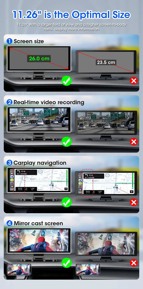10/11.26 inch Dash Cam 4K Car DVR Wireless Carplay & Android Auto GPS Navigation Video Recorder Dashboard Dual Lens Wifi FM AUX
