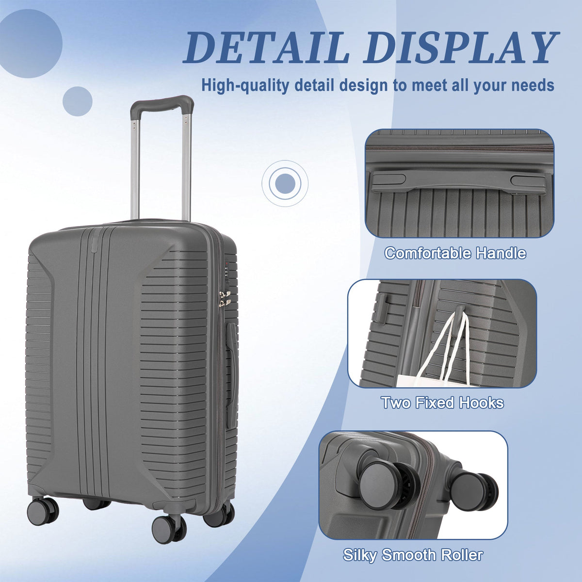 3-Piece PP Spinner Wheel Luggage Set 20'/24'/28' Silver Grey