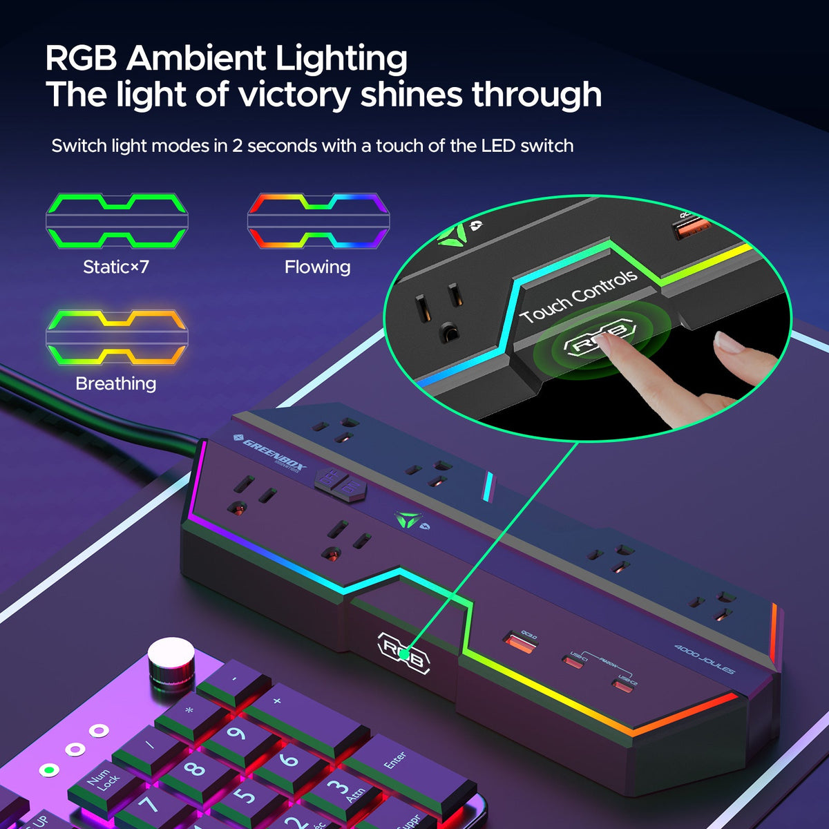 4000J Gaming Power Strip Surge Protector - 20W PD USB-C Fast Charge, 6 Wide-Spaced Outlets, RGB Lighting, 6ft Cord