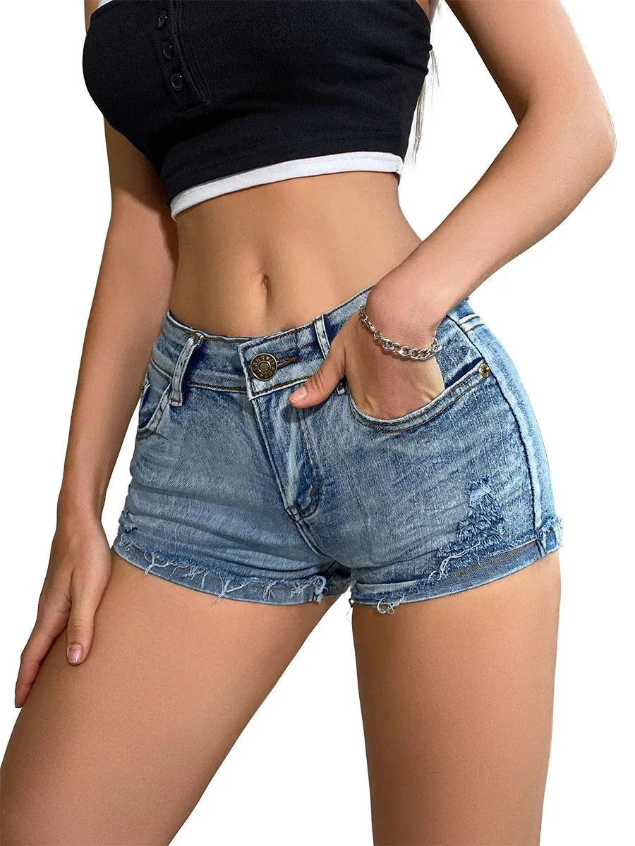 2025 Summer Vibe Women's High-Waisted Sexy Denim Shorts with Button Detail