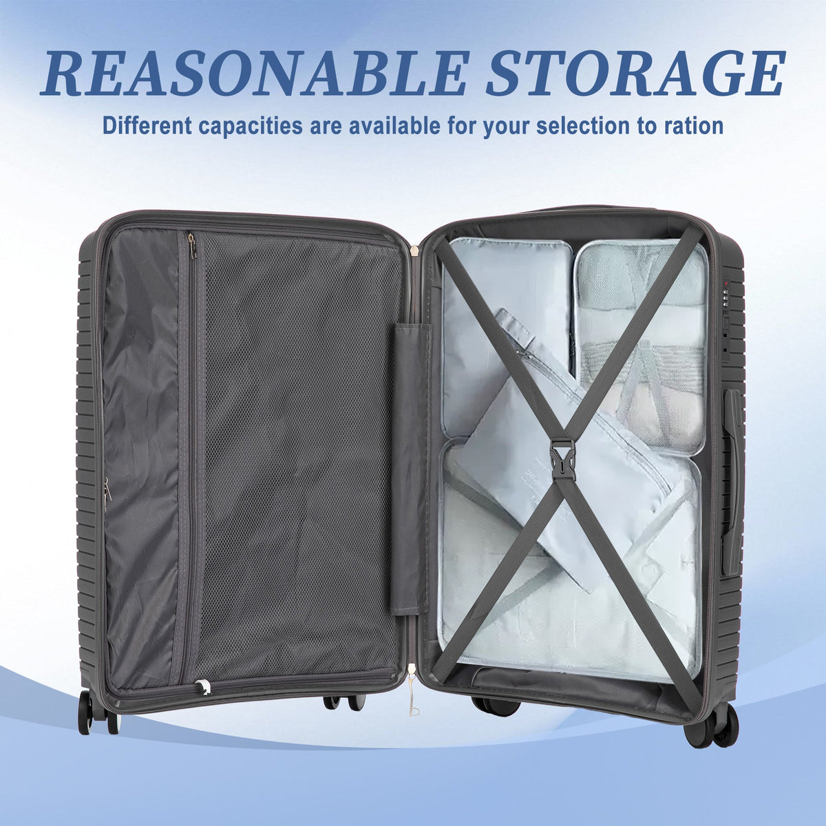 3-Piece PP Spinner Wheel Luggage Set 20'/24'/28' Silver Grey