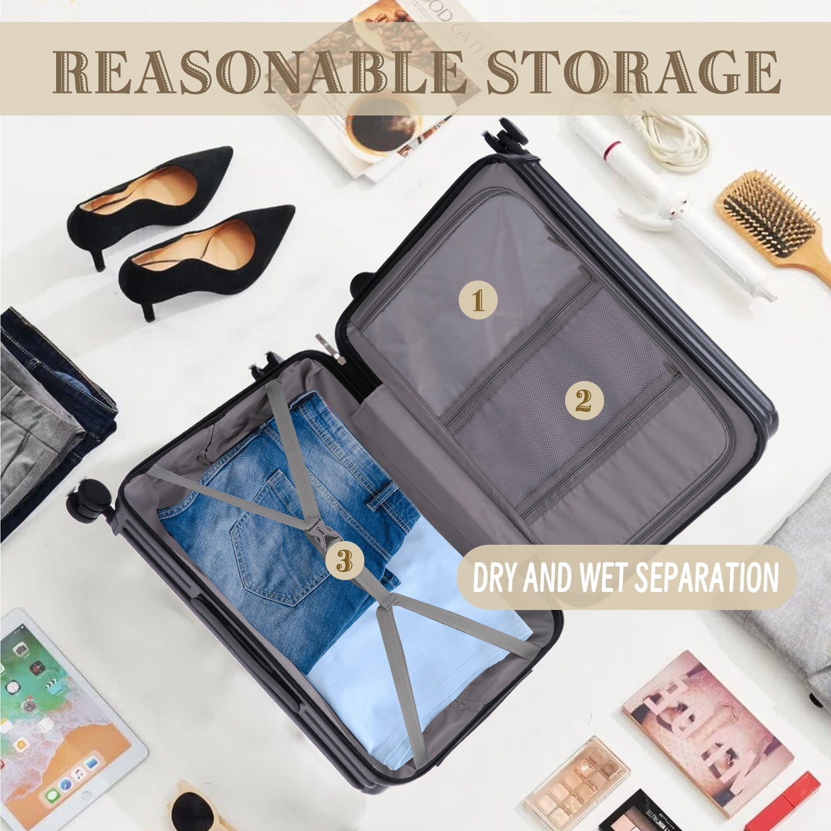 ABS Spinner Wheel Luggage Carry On Suitcase with Cup Holder and USB Port