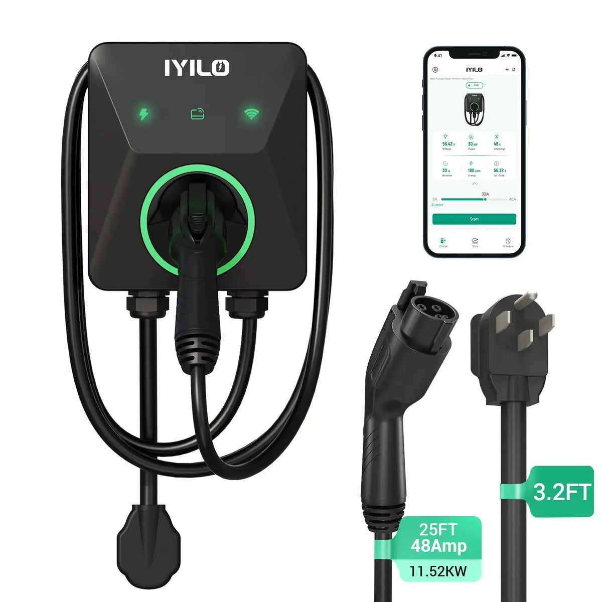 IYILO EV Charger Level 2 NEMA 14-50 J1772 Wall-mounted Plug In - 48A