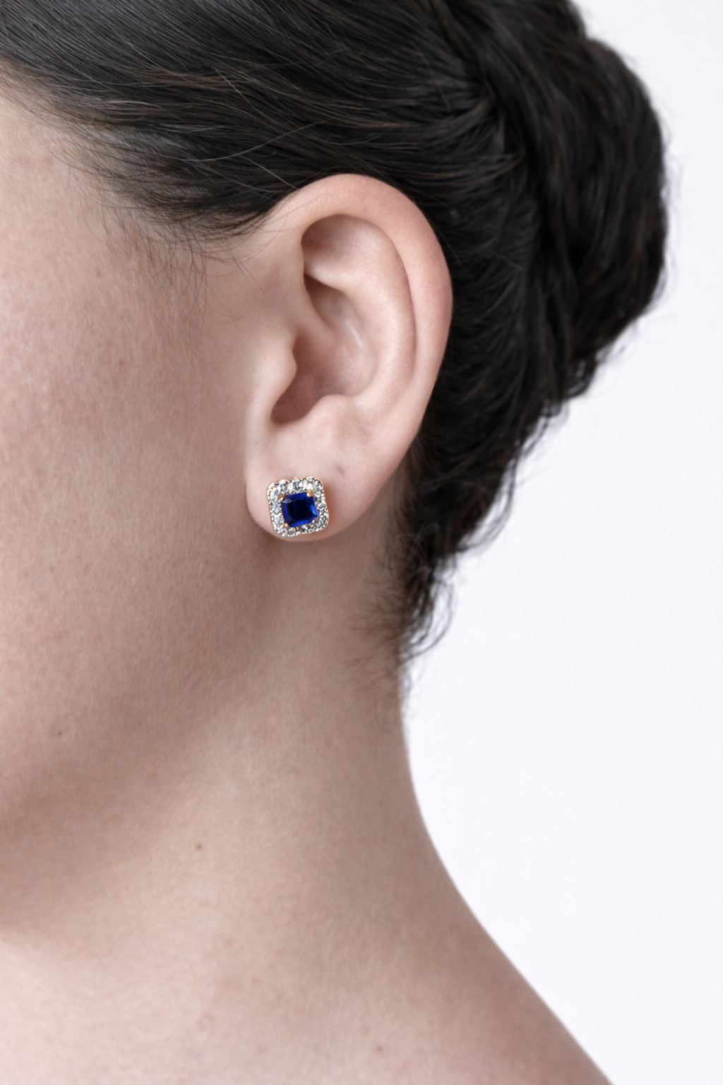 Olivia Emerald Halo Earrings in Sapphire Blue