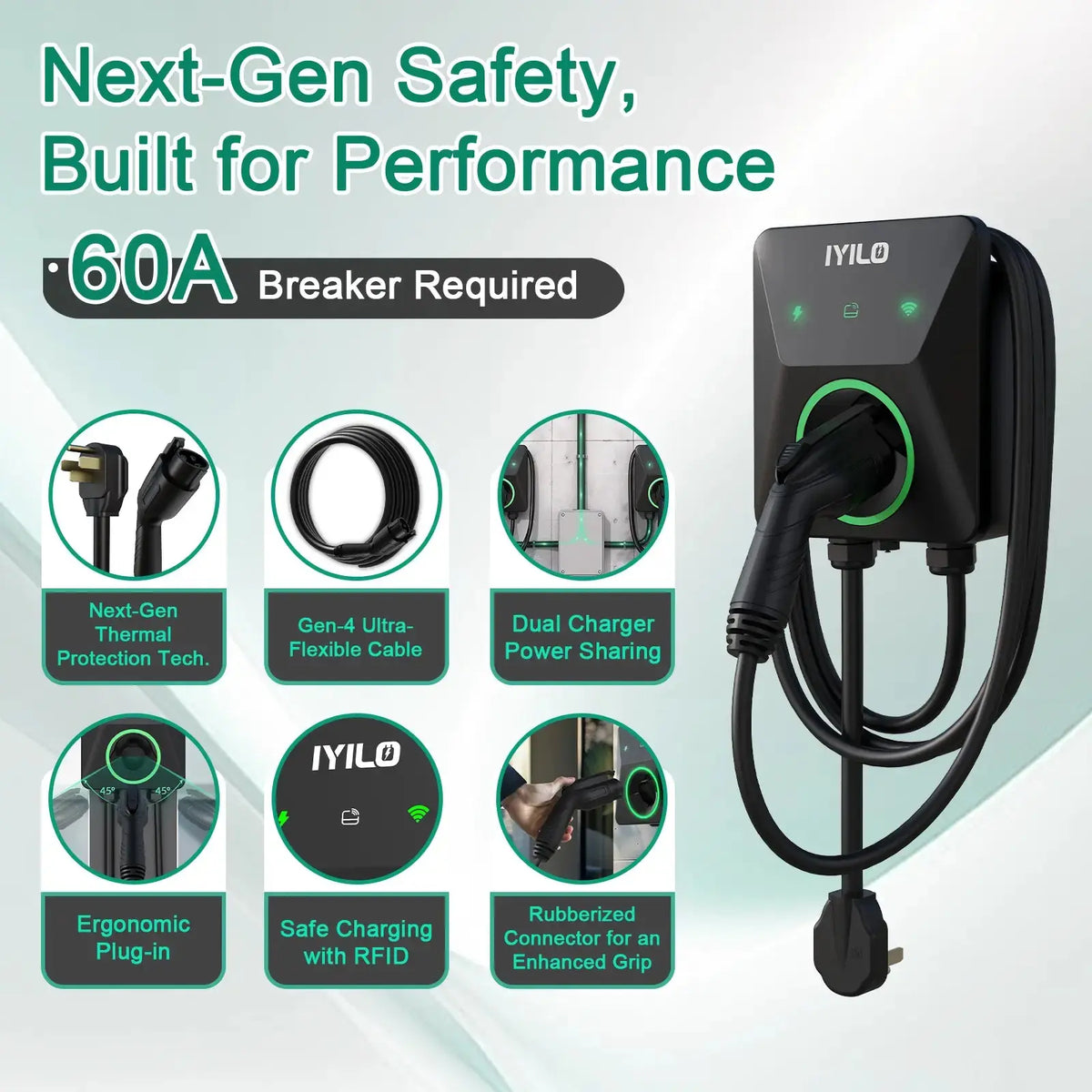 IYILO EV Charger Level 2 NEMA 14-50 J1772 Wall-mounted Plug In - 48A