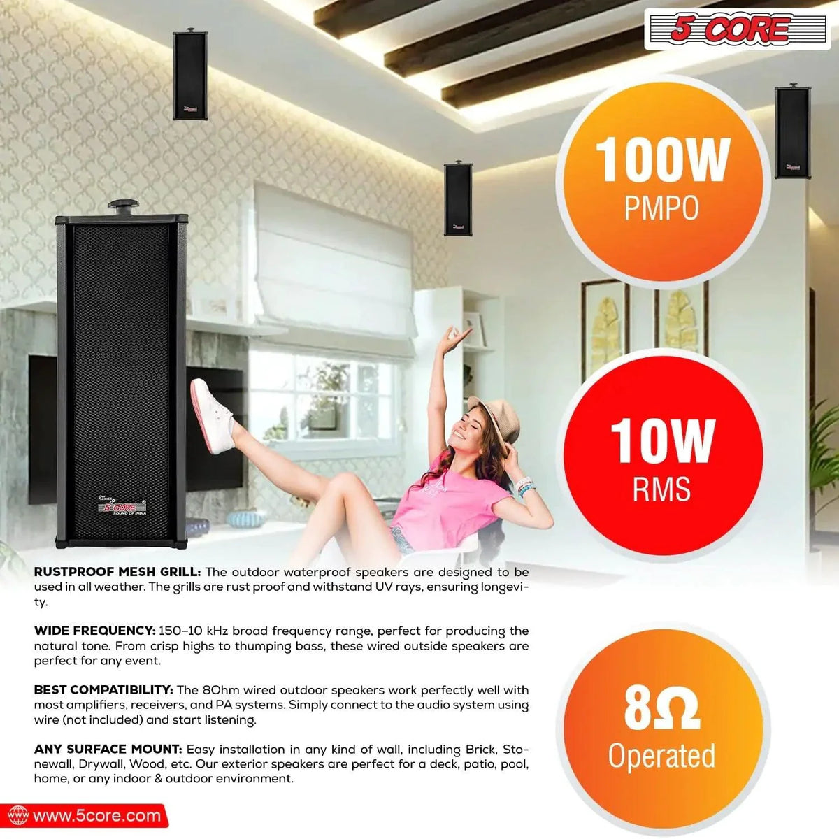 5Core 100W Indoor/Outdoor Stereo Speakers
