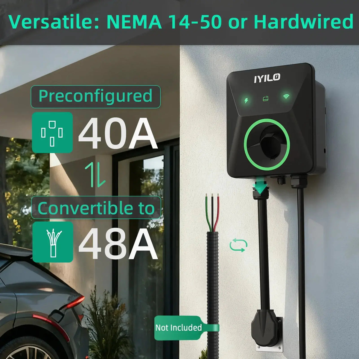 IYILO EV Charger Level 2 NEMA 14-50 J1772 Wall-mounted Plug In - 48A