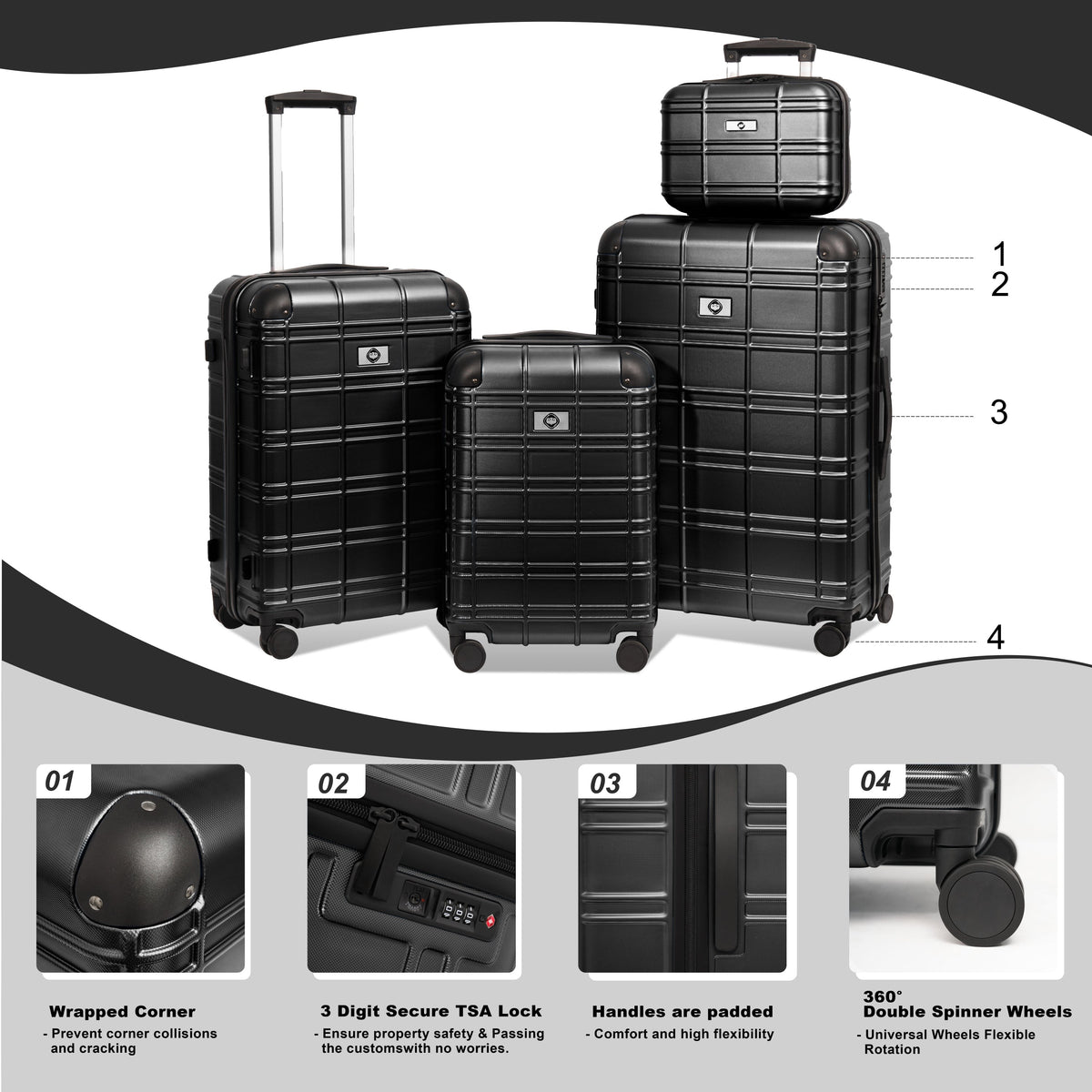 Luggage Sets ABS+PC Hardshell 4pcs Lightweight Durable Suitcases