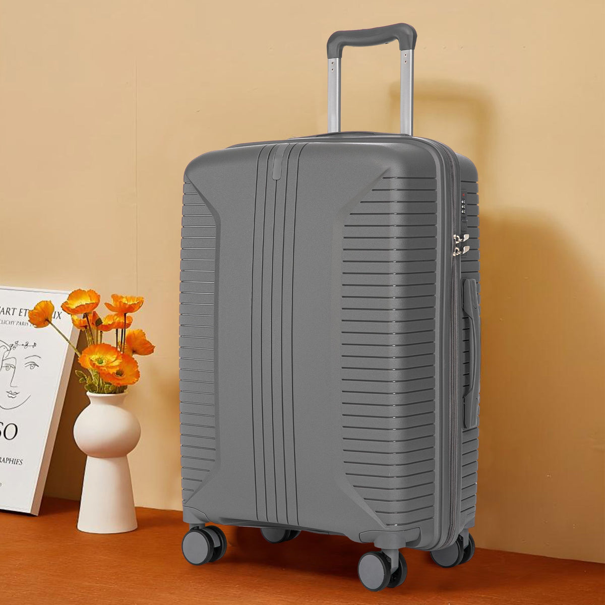 3-Piece PP Spinner Wheel Luggage Set 20'/24'/28' Silver Grey