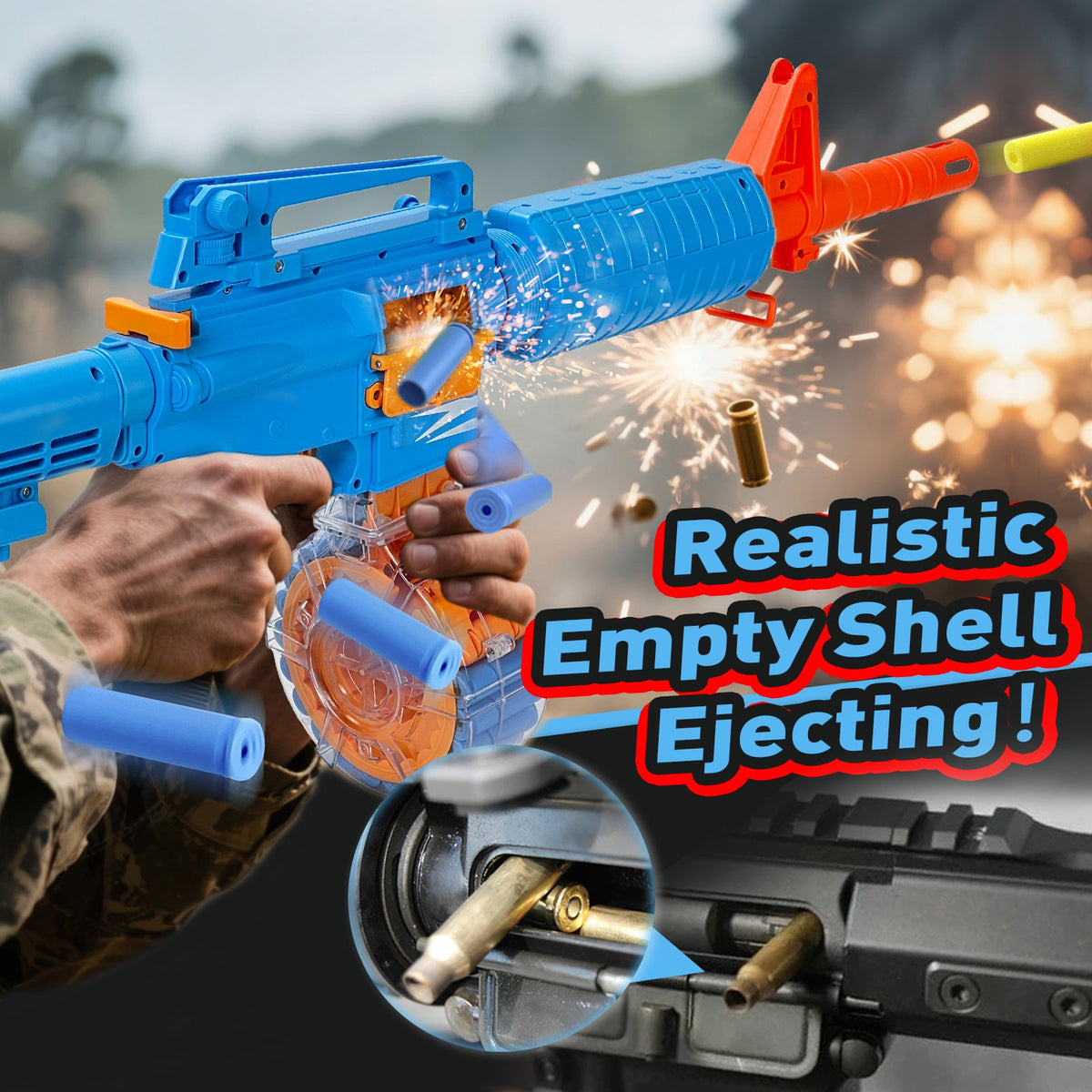Semi-Automatic Toy Gun with Rechargeable Battery, 22-Round Magazine, Shell Ejection Feature, Quick Loader, and High-Speed Accuracy