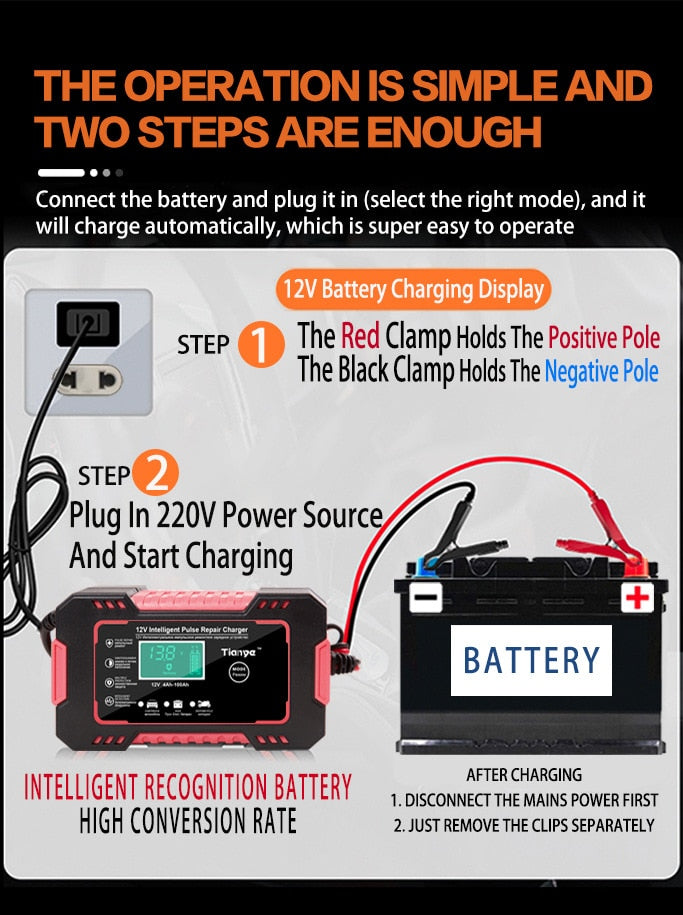 Smart 12V Battery Charger: Full Automatic Digital Display, Power Pulse Repair, Wet/Dry Lead Acid