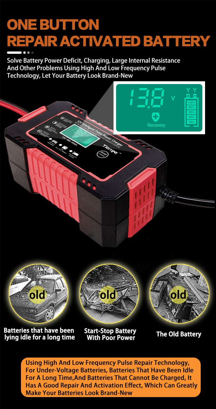 Smart 12V Battery Charger: Full Automatic Digital Display, Power Pulse Repair, Wet/Dry Lead Acid