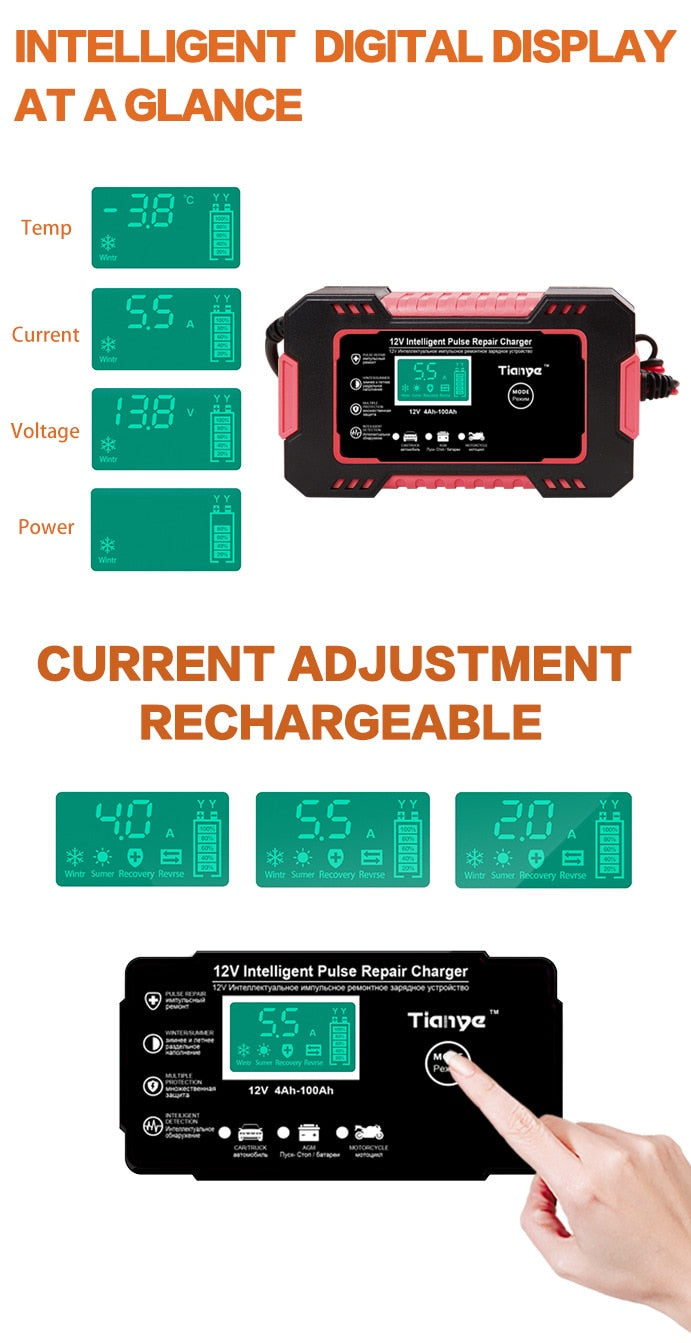 Smart 12V Battery Charger: Full Automatic Digital Display, Power Pulse Repair, Wet/Dry Lead Acid