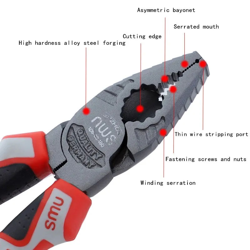 6''/7''/8”Multifunctional Wire Cutter German Electrician's Pliers Thickened Clamp Head Chrome Vanadium Steel Electrician Tools