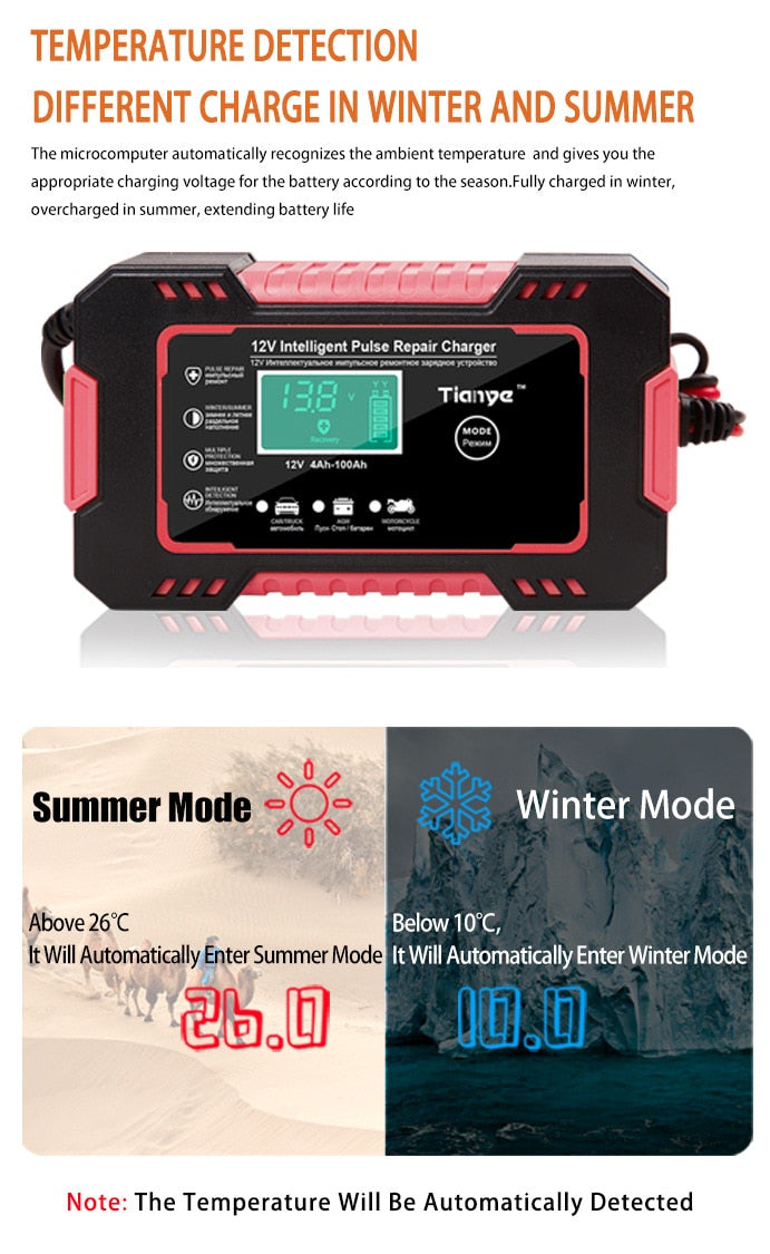 Smart 12V Battery Charger: Full Automatic Digital Display, Power Pulse Repair, Wet/Dry Lead Acid