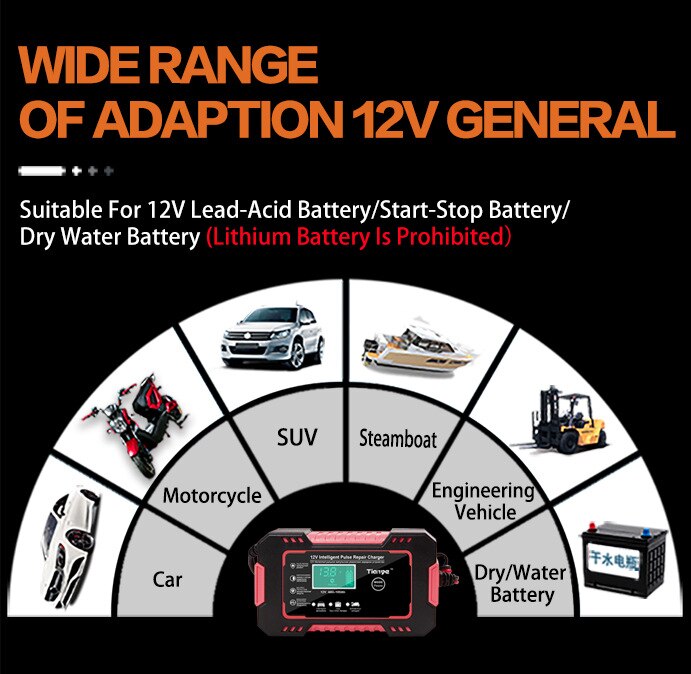 Smart 12V Battery Charger: Full Automatic Digital Display, Power Pulse Repair, Wet/Dry Lead Acid