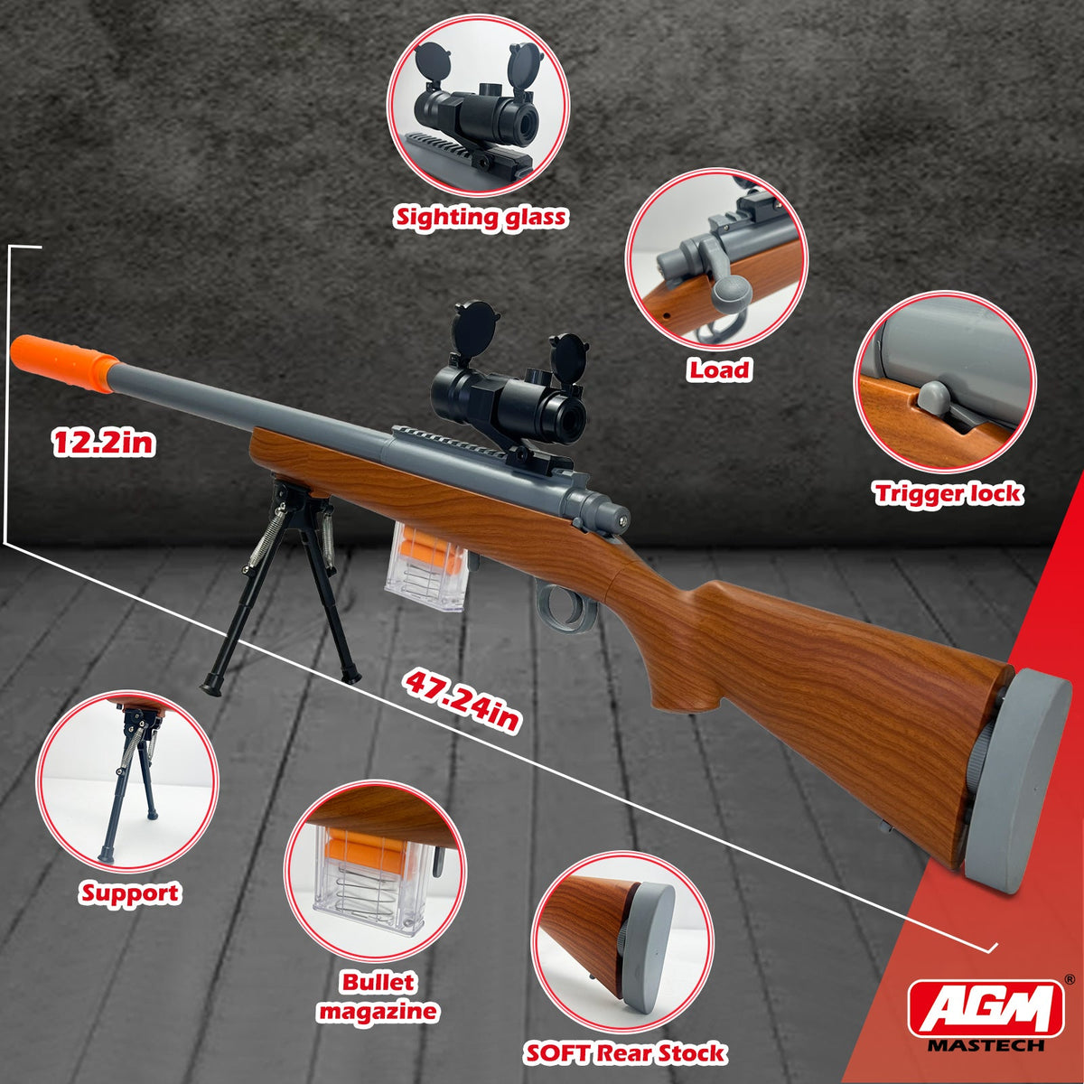 Wood grain toy gun with scope and accessories toy sniper rifle