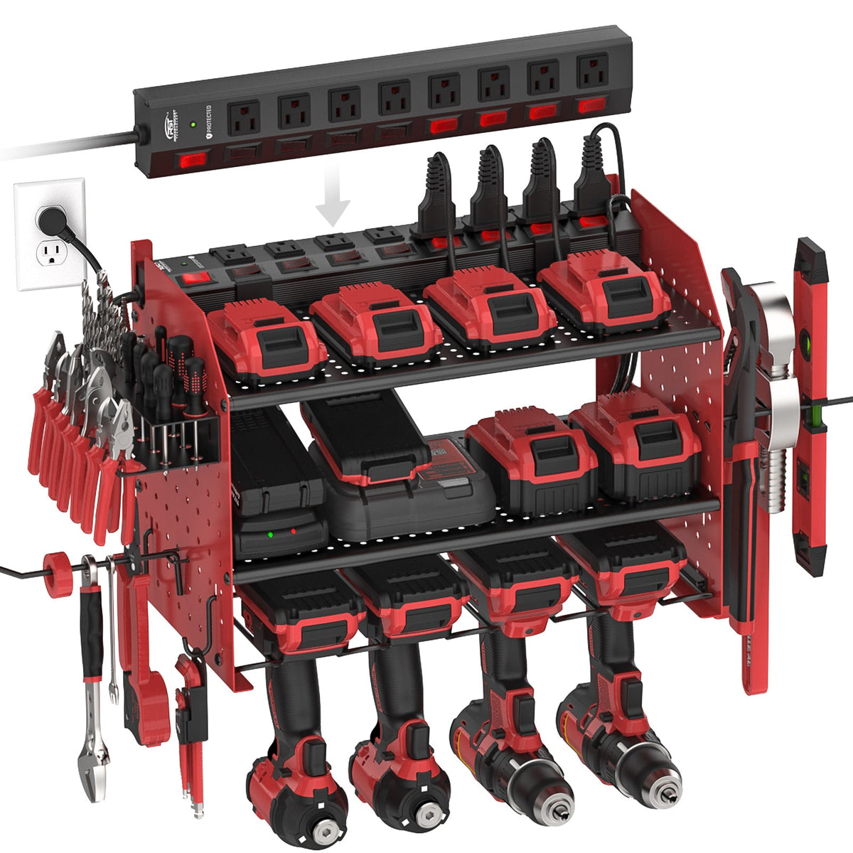 3 Layers Power Tools Organizer Wall Mount with Charging Station, Garage Tool Storage Rack Shelf with 8-Outlet Individual Switches Power Strip