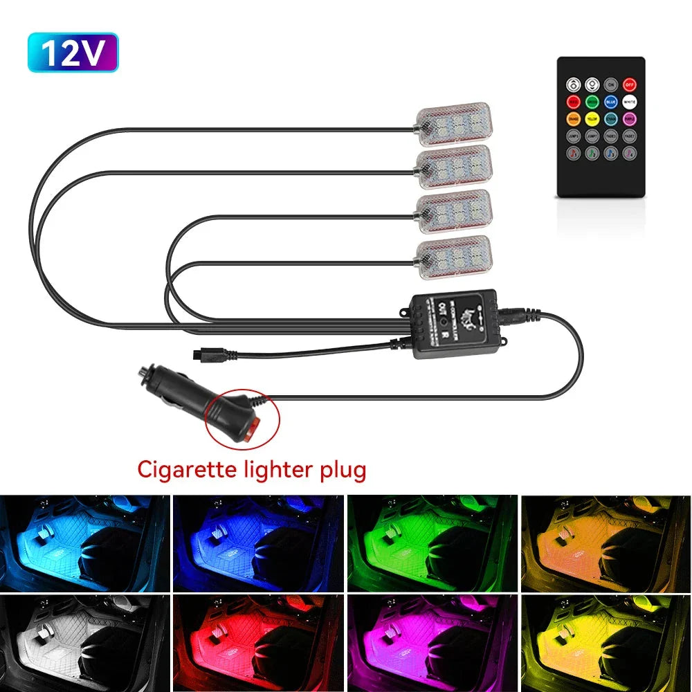 LED Car Interior Ambient Lights Kit – RGB Footwell Strip Lighting with Remote & App Music Control