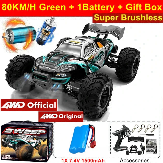 4WD RC Off-Road Car - 1:16 High-Speed Brushless Truck, 50-80KM/H, 4x4 Drift Racing Toy for Kids & Adults