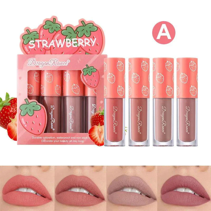 Mini Velvet Matte Lip Gloss Set 4 Piece Long Lasting Non Fading Non Stick Cup Fruit Scented Lip Tint Smooth Lightweight