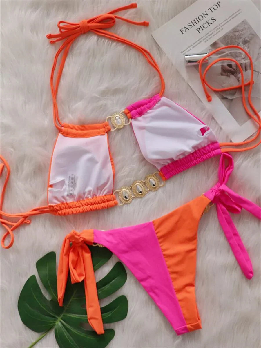 Rhinestones Splicing Bikini