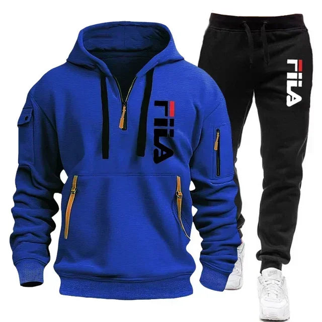 2026 Autumn and winter new men's multi pocket zipper hooded sports shirt+pants two-piece set, men's casual pullover sports set