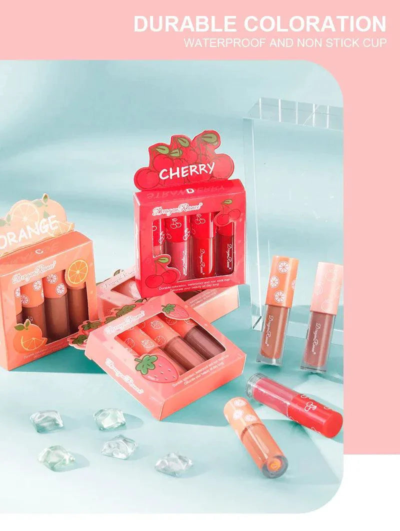 Mini Velvet Matte Lip Gloss Set 4 Piece Long Lasting Non Fading Non Stick Cup Fruit Scented Lip Tint Smooth Lightweight