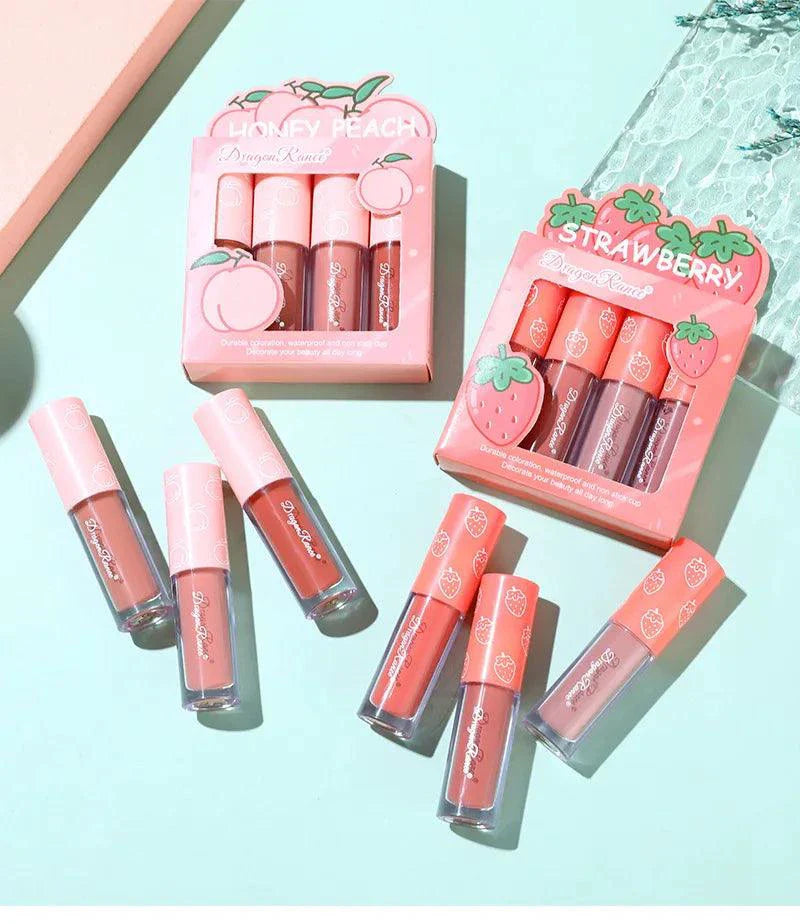 Mini Velvet Matte Lip Gloss Set 4 Piece Long Lasting Non Fading Non Stick Cup Fruit Scented Lip Tint Smooth Lightweight