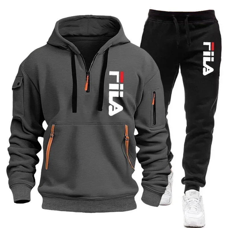 2026 Autumn and winter new men's multi pocket zipper hooded sports shirt+pants two-piece set, men's casual pullover sports set