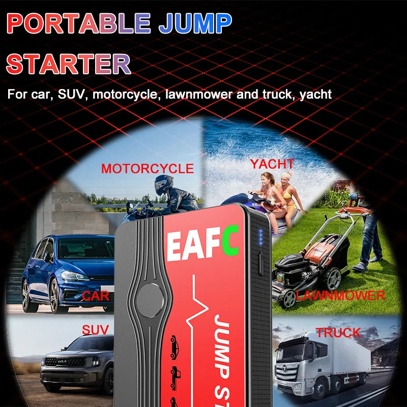 EAFC Smart Car Jump Starter 12V Portable Battery Booster 600A/2000A Power Bank LED Light Auto Battery Charger Dual USB Ports