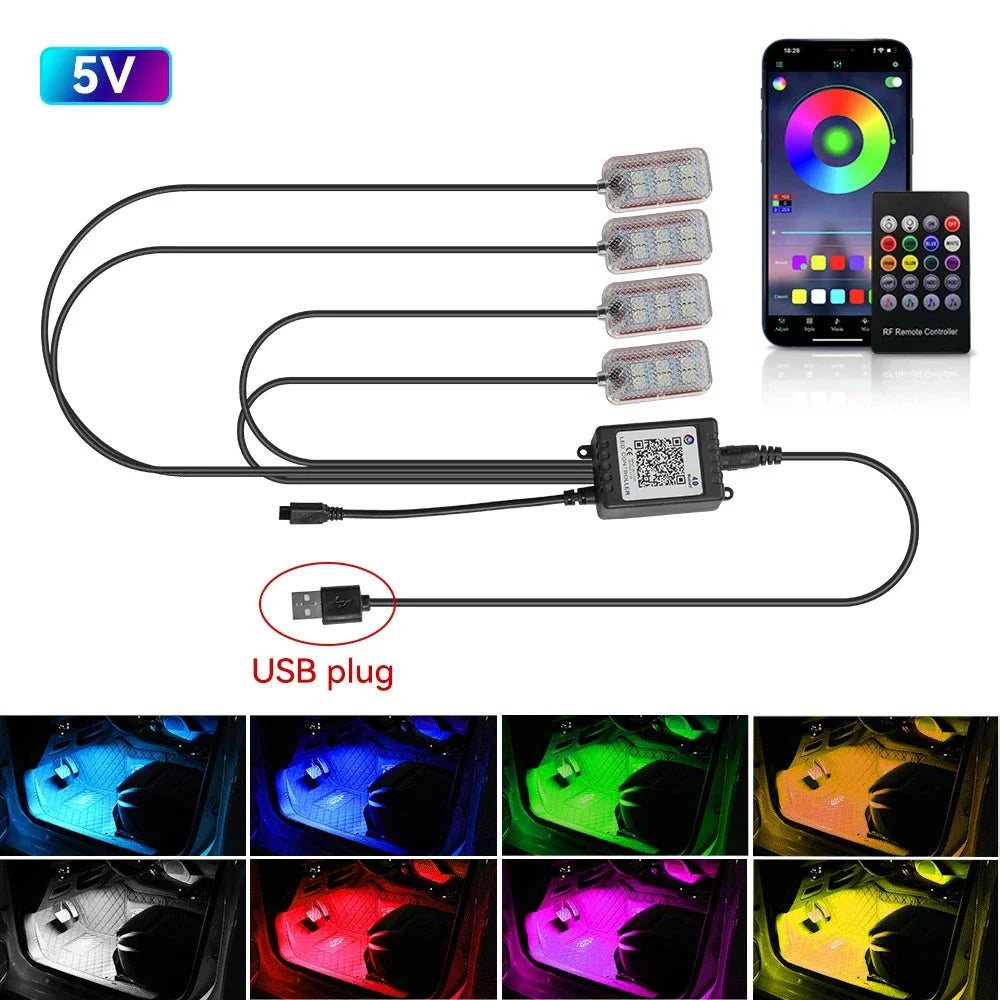 LED Car Interior Ambient Lights Kit – RGB Footwell Strip Lighting with Remote & App Music Control