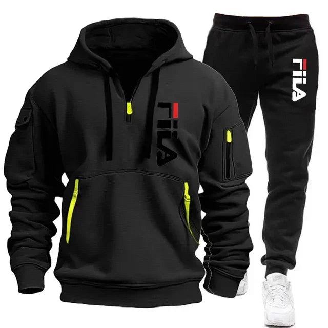 2026 Autumn and winter new men's multi pocket zipper hooded sports shirt+pants two-piece set, men's casual pullover sports set