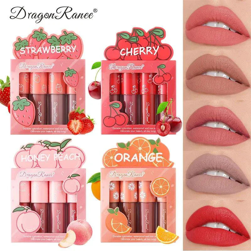 Mini Velvet Matte Lip Gloss Set 4 Piece Long Lasting Non Fading Non Stick Cup Fruit Scented Lip Tint Smooth Lightweight