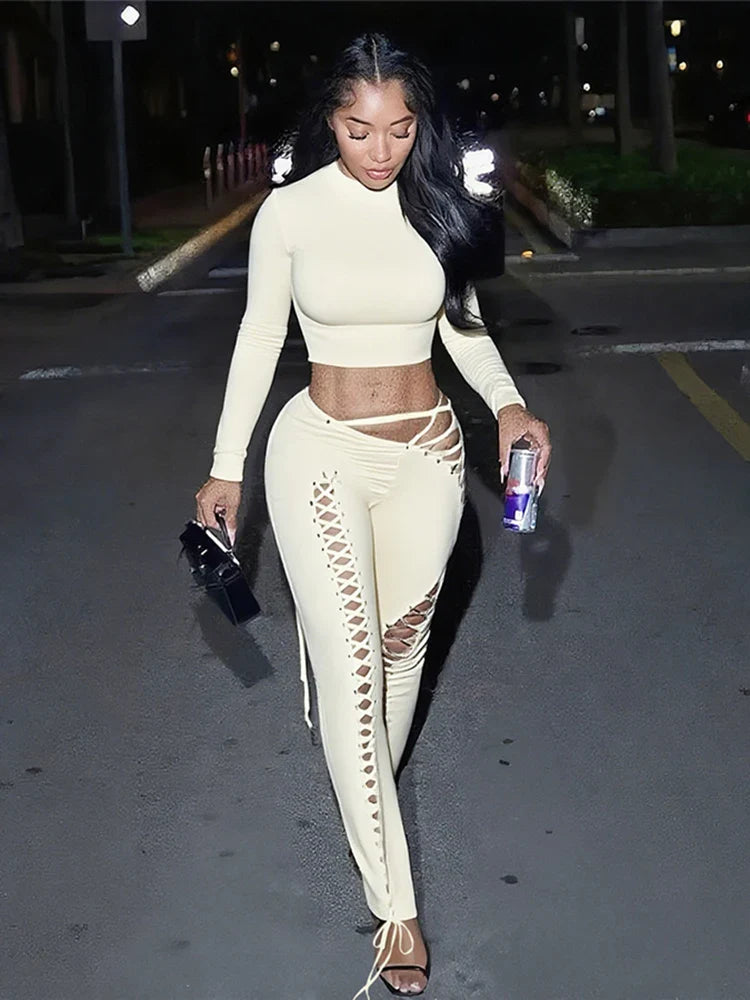 2-Piece Set O-Neck Long Sleeve Simple Crop Tops+Cross Bandage Hollow Pants