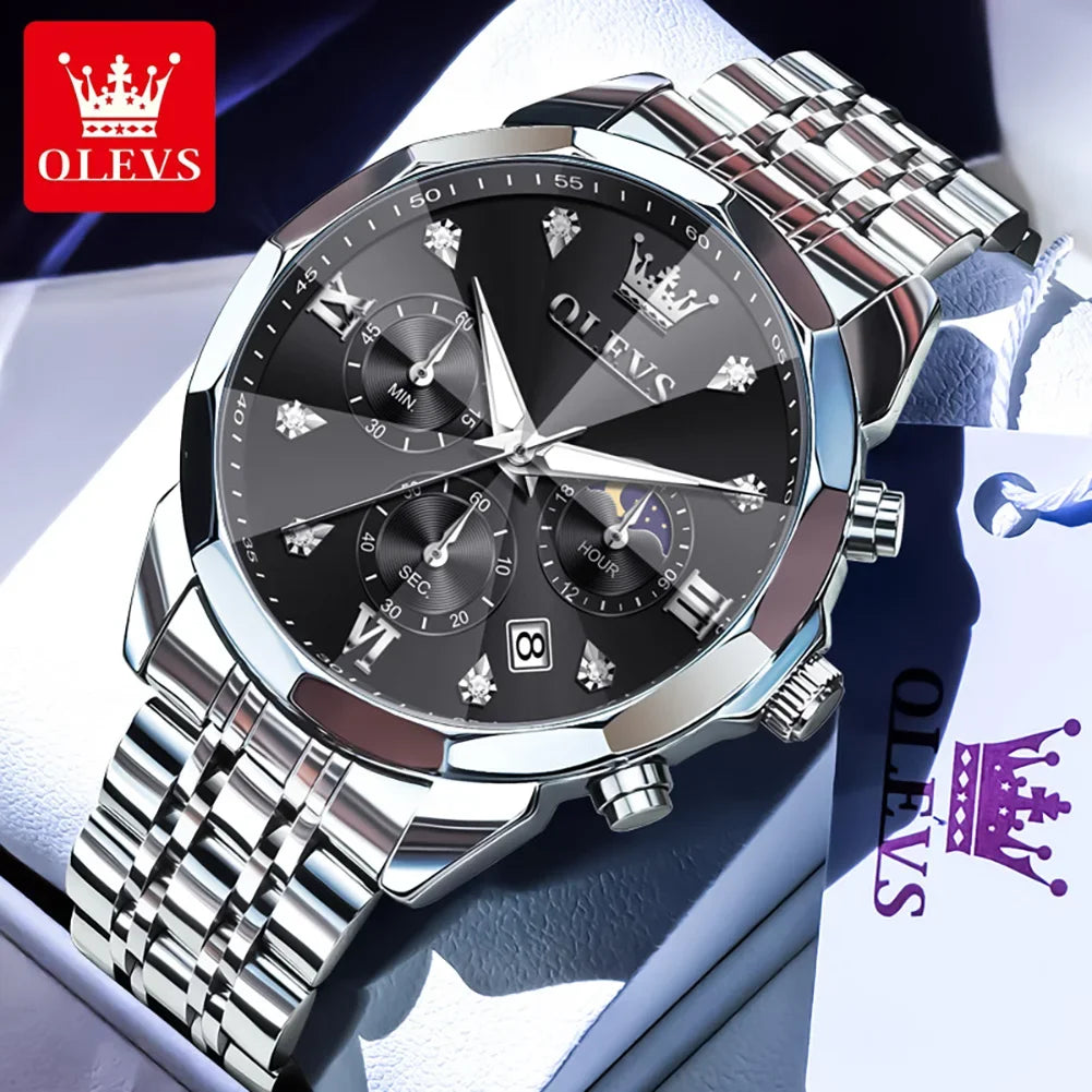 6OLEVS 370 Men's Watches Fashion Waterproof Calendar Luminous Moon Phase Quartz Watch Man Chronograph Clock