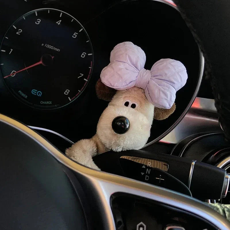 Kawaii Plush Puppy Clutch Decoration – Cute Dog Car Wiper & Turn Signal Switch Ornament with Bowknot | Auto Interior Accessories