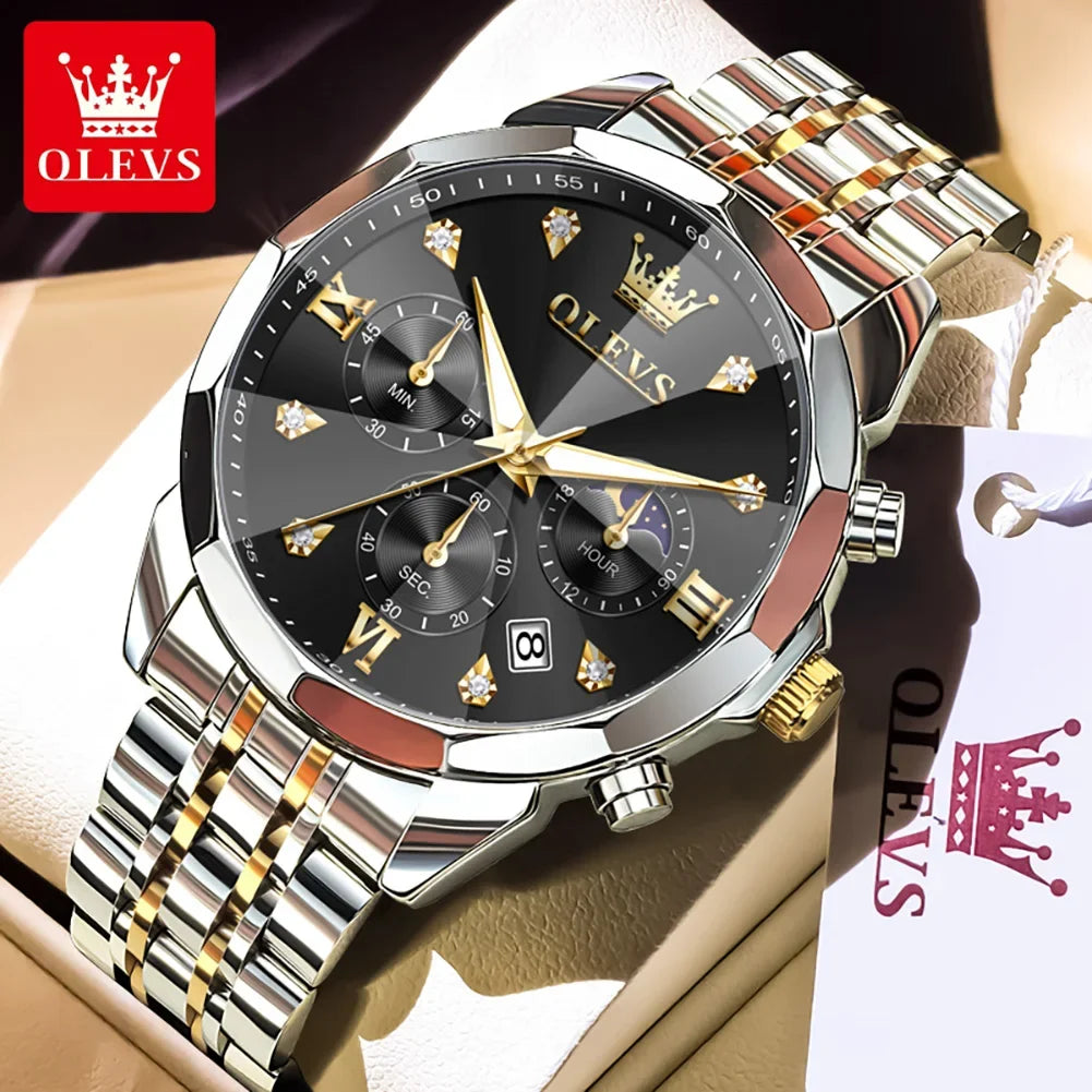 6OLEVS 370 Men's Watches Fashion Waterproof Calendar Luminous Moon Phase Quartz Watch Man Chronograph Clock