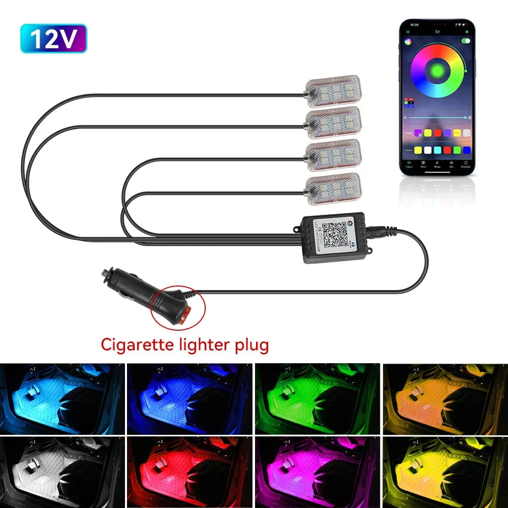 LED Car Interior Ambient Lights Kit – RGB Footwell Strip Lighting with Remote & App Music Control