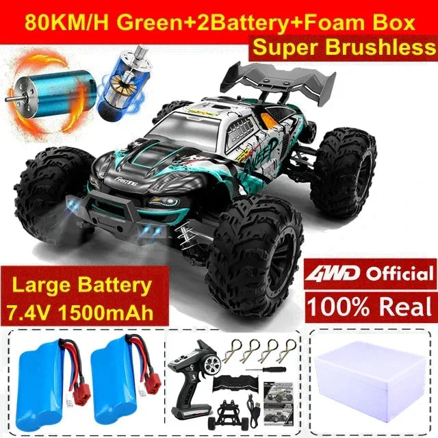 4WD RC Off-Road Car - 1:16 High-Speed Brushless Truck, 50-80KM/H, 4x4 Drift Racing Toy for Kids & Adults