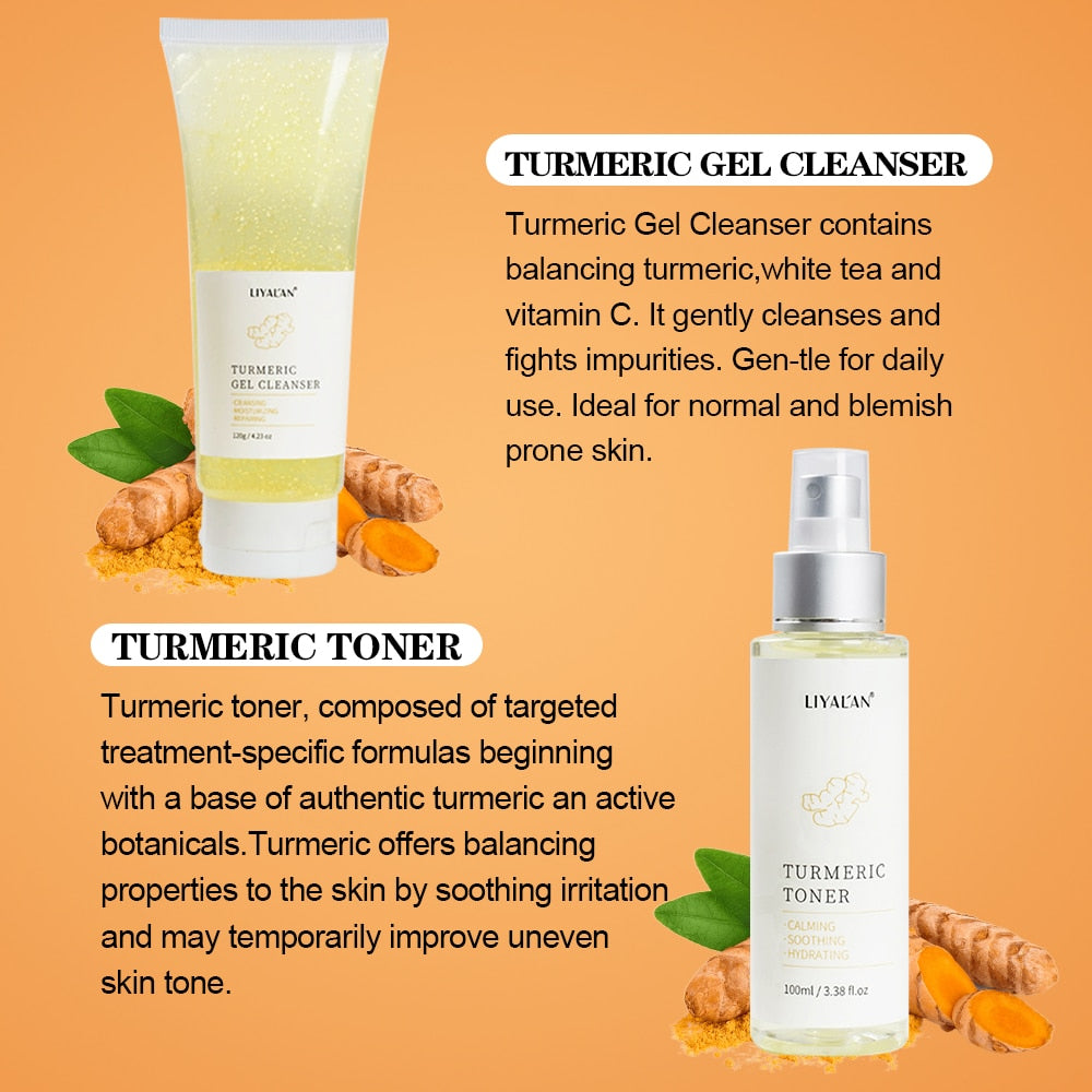 Turmeric Face Skin Care Set Lighten Dark Spots Brightening Anti Acne Aging Serum Oil Whitening Moisturizing Cream Skincare Clean