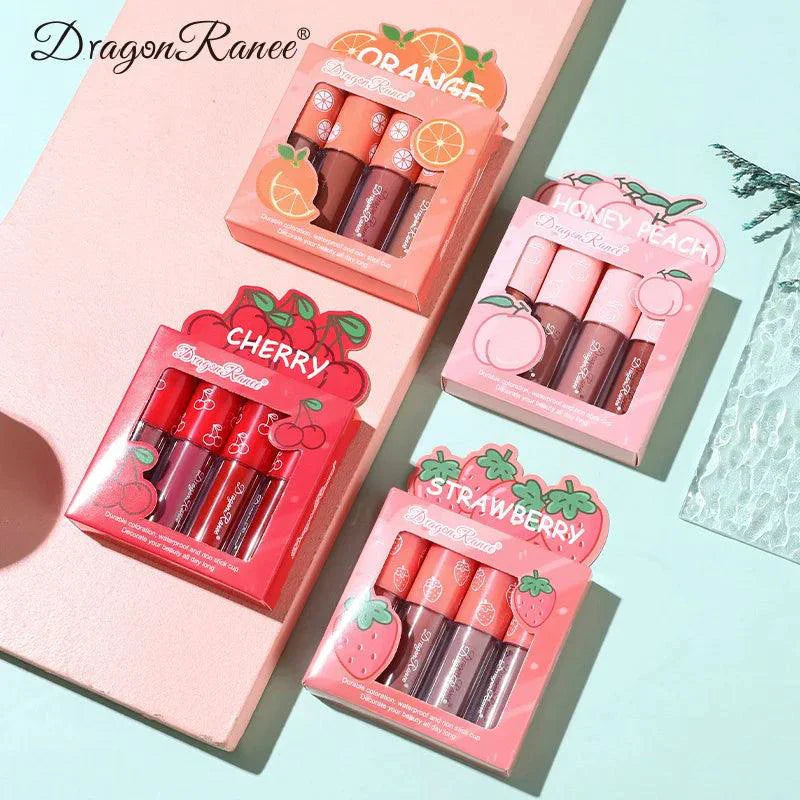 Mini Velvet Matte Lip Gloss Set 4 Piece Long Lasting Non Fading Non Stick Cup Fruit Scented Lip Tint Smooth Lightweight