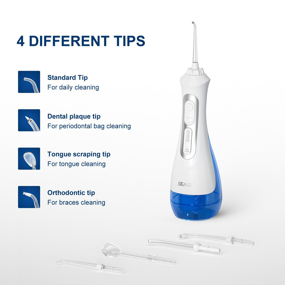 SEAGO Oral Dental Irrigator Portable Water Flosser USB Rechargeable Water Jet IPX7 Dental  200ML Water Tank