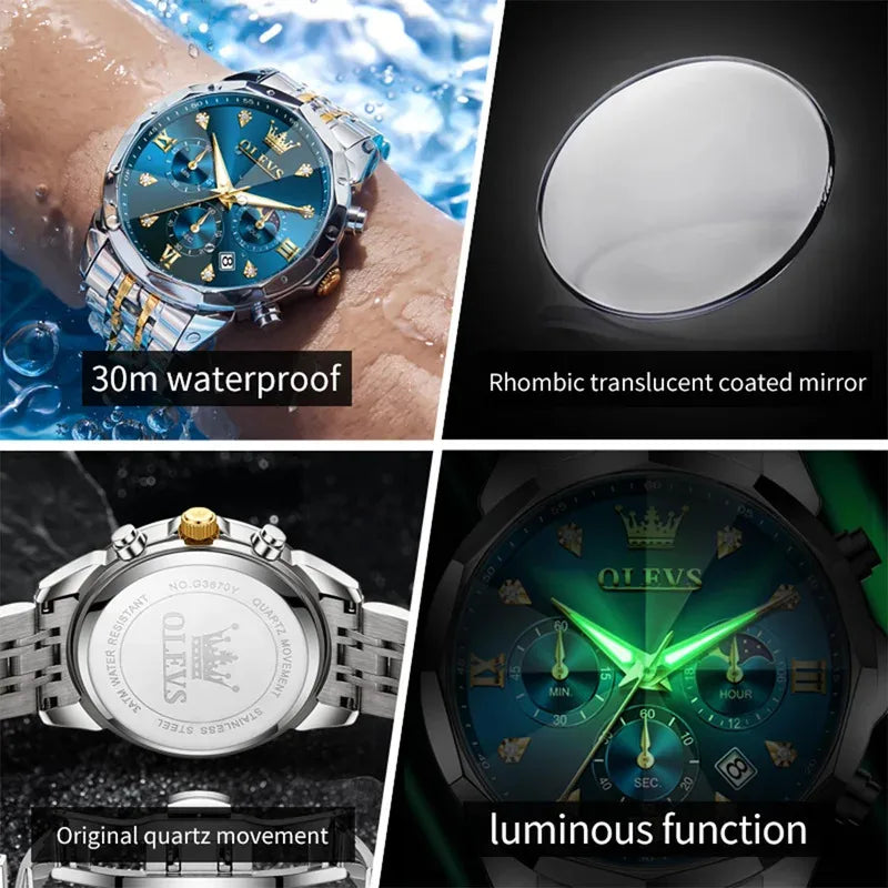 6OLEVS 370 Men's Watches Fashion Waterproof Calendar Luminous Moon Phase Quartz Watch Man Chronograph Clock