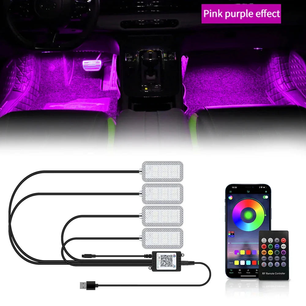 LED Car Interior Ambient Lights Kit – RGB Footwell Strip Lighting with Remote & App Music Control