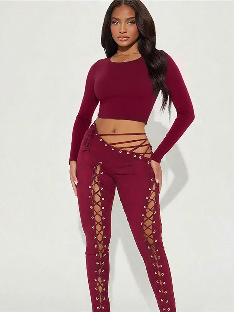 2-Piece Set O-Neck Long Sleeve Simple Crop Tops+Cross Bandage Hollow Pants