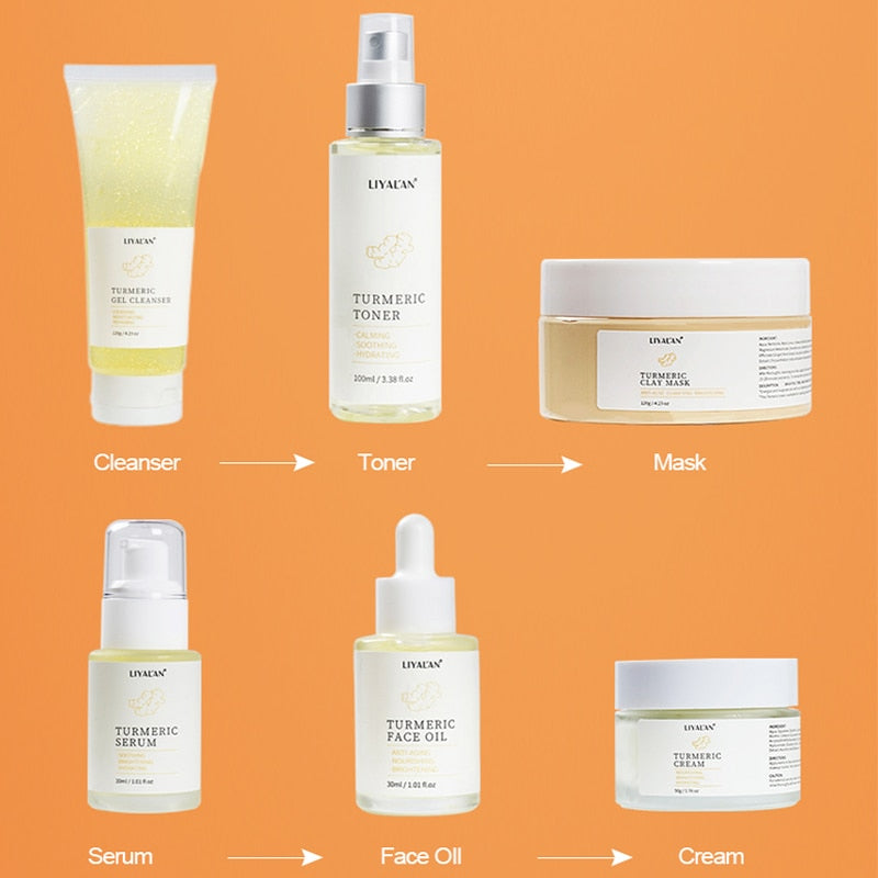 Turmeric Face Skin Care Set Lighten Dark Spots Brightening Anti Acne Aging Serum Oil Whitening Moisturizing Cream Skincare Clean