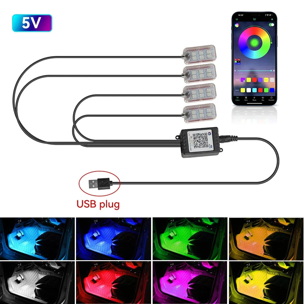 LED Car Interior Ambient Lights Kit – RGB Footwell Strip Lighting with Remote & App Music Control