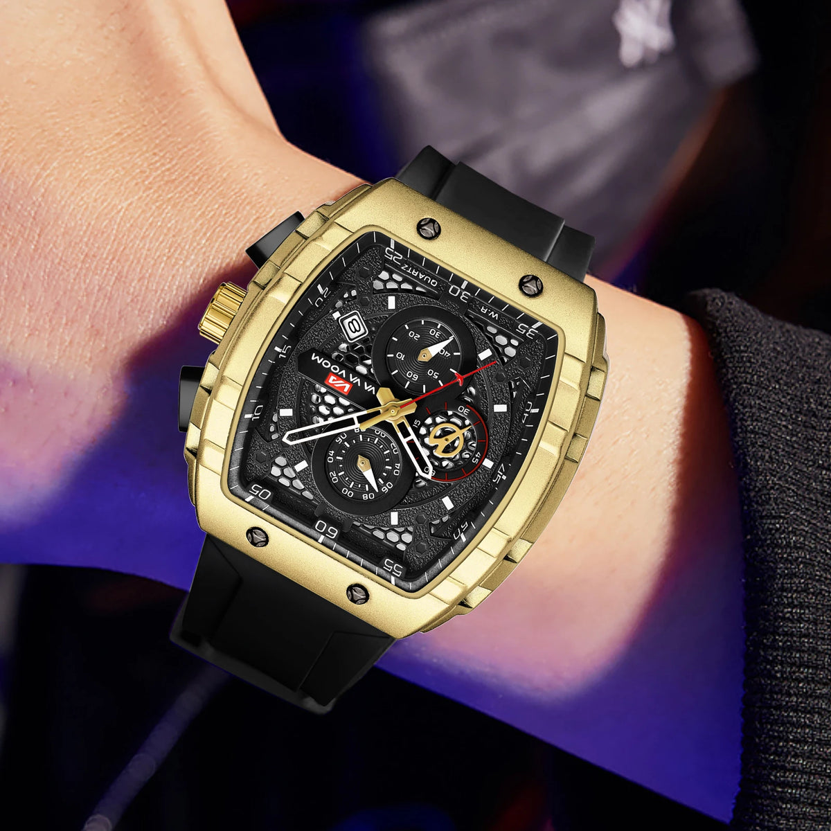 2025 New Men's Watch Multi functional Quartz Movement Rectangular Blue Dial Sports Clock Casual Fashion Silicone Strap Men Watch